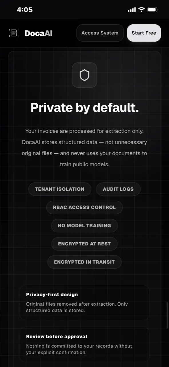 DocaAI PWA privacy and security controls