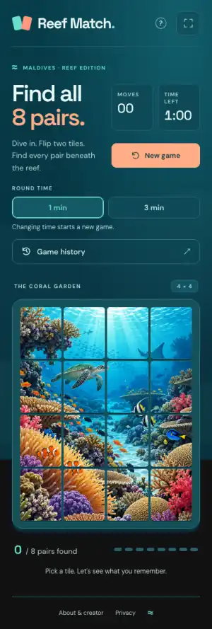 Reef Match coral garden and game controls on a phone