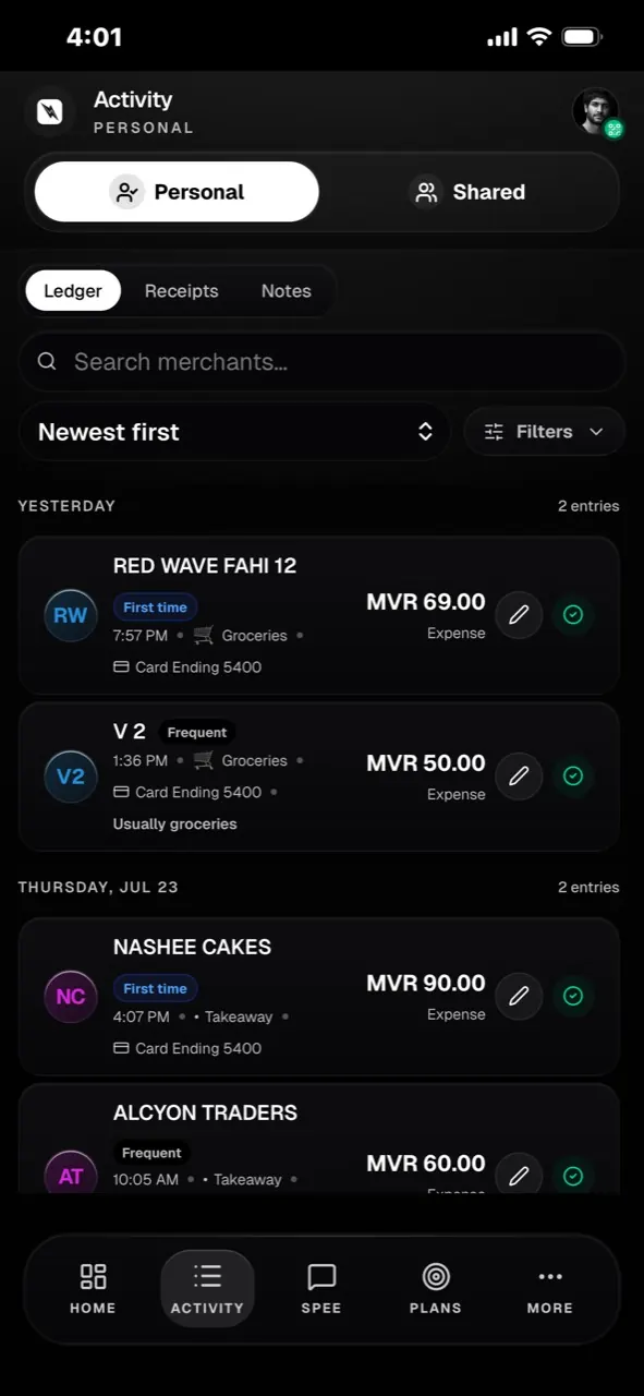 SpentAI PWA activity ledger with merchant transactions
