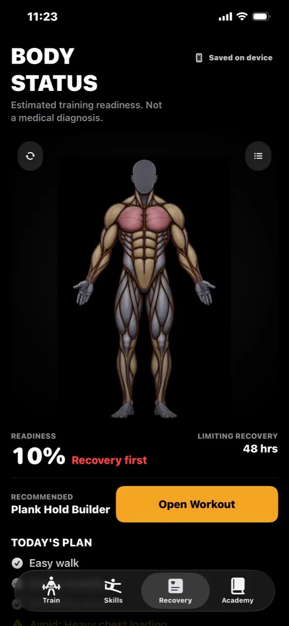 StreetStrength mobile body status and recovery screen