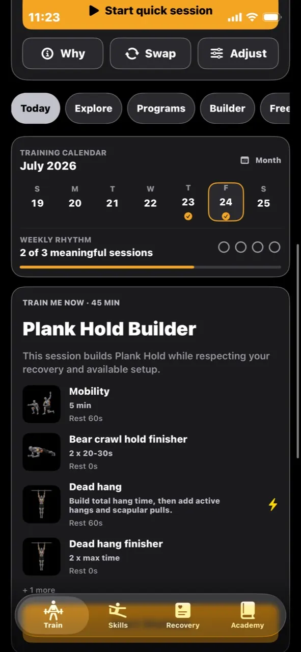 StreetStrength mobile training calendar and quick workout